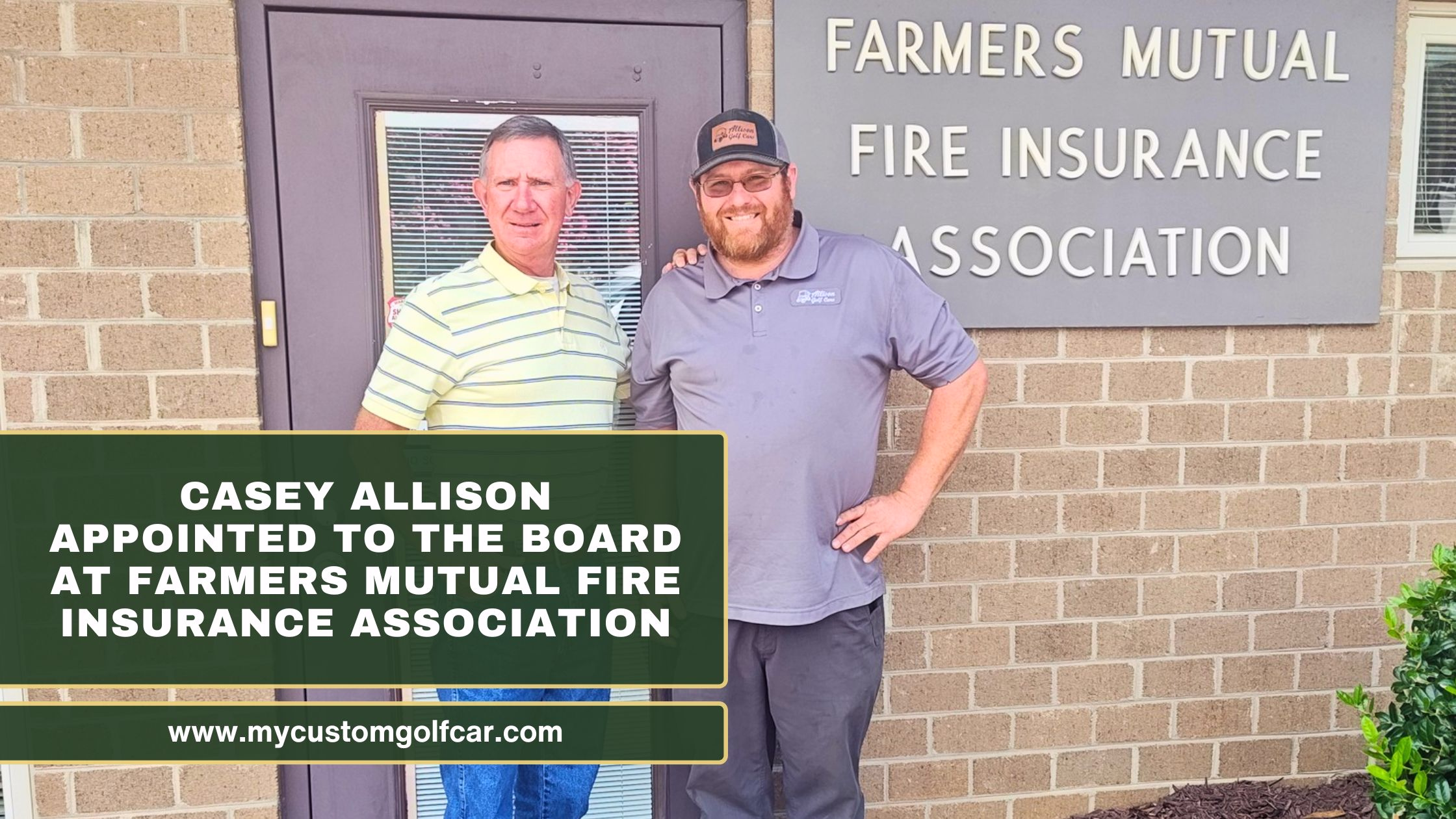 Casey Allison pictured with another man in front of the Farmers Mutual Fire Insurance Association building and sign