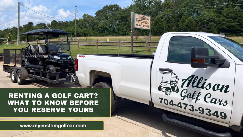 renting a golf cart blog cover with truck hauling a golf cart